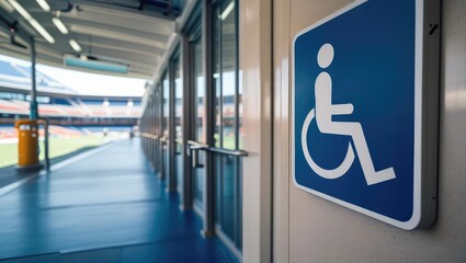 stadium accessibility design. Accessible walkway with signage for disabled individuals, showcasing a modern facility designed for inclusivity.