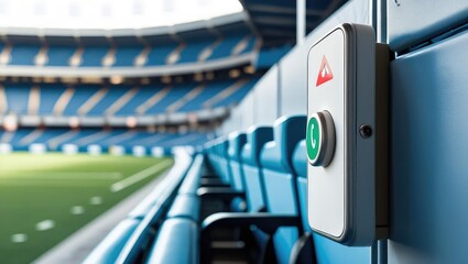 stadium accessibility design. Stadium seating with a close-up of an emergency button, highlighting safety features in a sports environment.