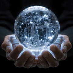 Sci-fi crystal ball with circuit matrix floating between hands