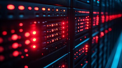Glowing red lights illuminate rows of computer servers in a data center, showcasing digital infrastructure