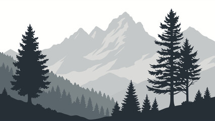 Obraz premium Mountain Landscape with Pine Trees in Shades of Gray.