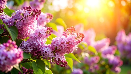 Vibrant lilac blossoms bathed in warm sunlight, creating a soft, dreamy effect
