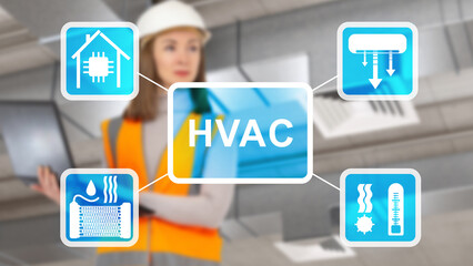 Female technician with laptop inspecting HVAC system, overlaid with icons representing heating, cooling, ventilation, and smart building technology.