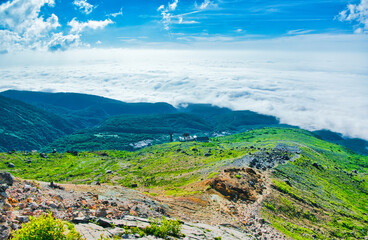栃木県那須郡那須町　茶臼岳から見る雲海と那須ロープウェイ