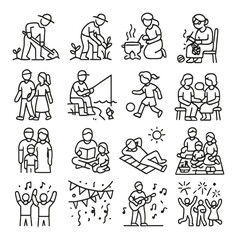 Family activities linear icon set. includes gardening, cooking, reading, playing, music, party, outdoor fun.