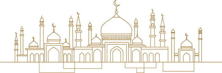 Islamic mosque skyline illustration, golden line art design, Arabic architecture, cultural landmark, religious building, crescent dome vector,