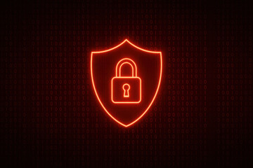 Digital security shield icon with glowing lock represents cyber protection and data encryption in dark red tech background