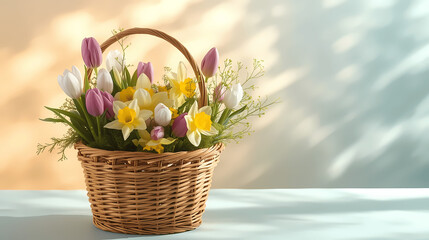 Obraz premium A lovely flower basket filled with tulips and daffodils for a valentine's day gift.