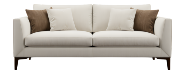 White Modern Sofa with Brown Pillows on Transparent Background, Minimalist Design Element for Interior Design