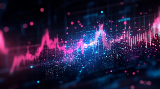 Abstract digital stock market chart with bright pink and blue glowing lines representing financial growth, investment trends and futuristic technology in a data-driven economic analysis environment