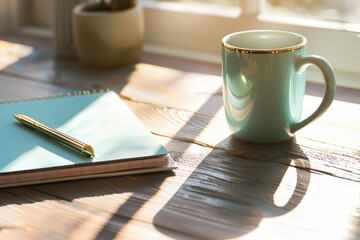 Serene Morning Teal Mug Golden Pen and Notebook on Wood Table by Window with Sunlight Cozy Workplace Journaling and