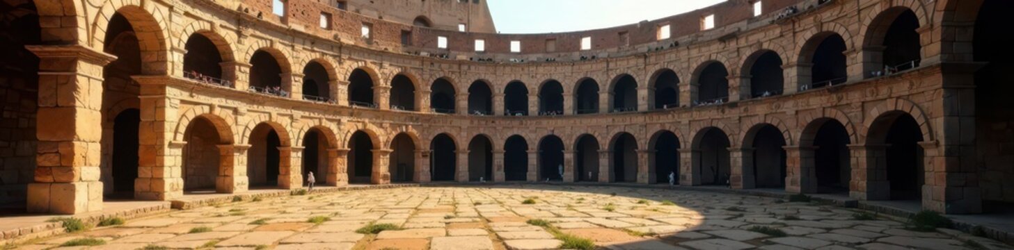 Ancient Roman Colosseum interior, stone arches & seating , arch, arena, stock