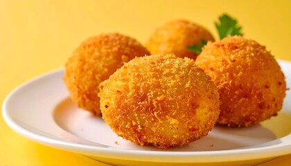 Golden crispy breaded croquettes with a crunchy exterior and soft filling served on a white plate with garnishing herbs, vibrant yellow background for appetizing presentation