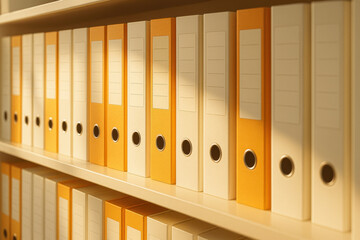 Organized shelf full of white and orange office binders sunlight, showcasing clean corporate archive room that enhances productivity and document