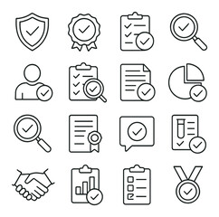 Approval and checklist linear icon set. containing shield, medal, checklist, magnifying glass, chart, handshake, and more.