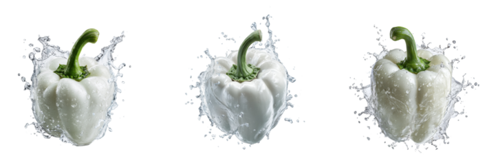 Set of Falling White Bell pepper with water splash isolated on a transparent background