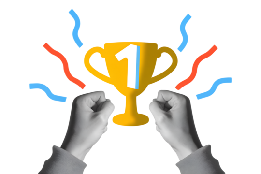 A hands holding golden trophy. Modern photo collage style. Illustration on transparent background