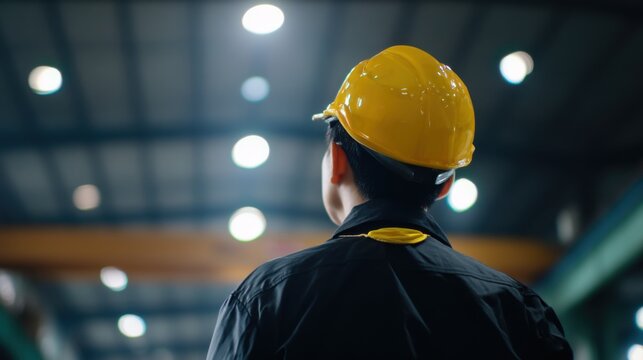 Rear view of a worker in a yellow hard hat and dark attire standing in an industrial factory with metal beams and ambien