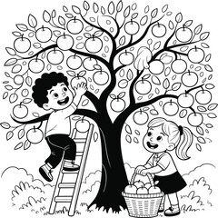 Happy kids picking apples, boy on ladder, girl holding basket, fruit harvest time, apple tree, outdoor activity, cartoon illustration