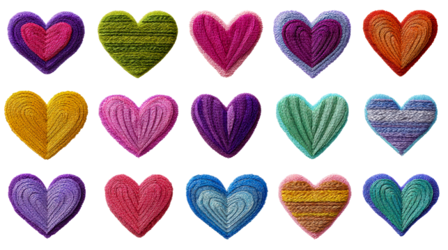 Various colorful knitted hearts are arranged in a grid pattern