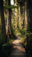 Obraz premium A winding wooden path leads through a vibrant humid subtropical forest, flanked by tall trees and greenery, inviting exploration into nature's serene beauty, Southeast, Humid Subtropical habitat