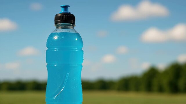 Close-up video shot of a blue sports drink bottle against a blurred natural background. Captured at eye level, emphasizing freshness and hydration. Live desktop wallpaper.