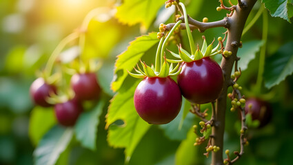 Passion Fruits Growing on Vine with Green Tendrils and Flowers in Bright Tropical Sunlight