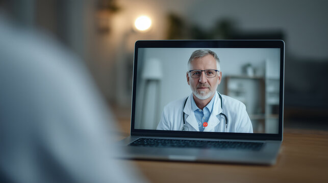 middle-aged man video call with doctor online, remote consultation, healthcare professional, virtual meeting, medical advice, technology at home