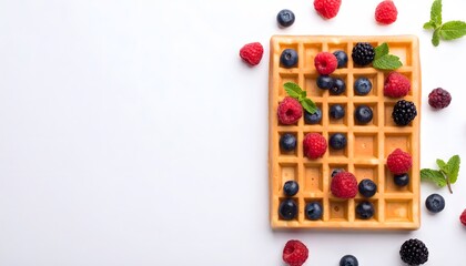 Golden Belgian Waffle topped with Fresh Blueberries Raspberries and Blackberries Garnished with Mint Leaves on Bright White Background