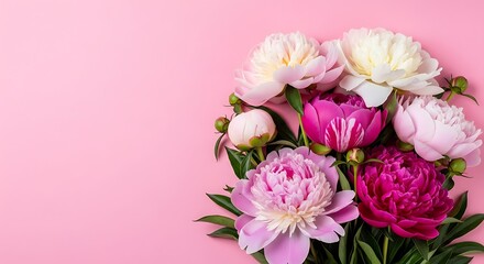 Pink and white peonies bouquet with green leaves on a pink background peony flower