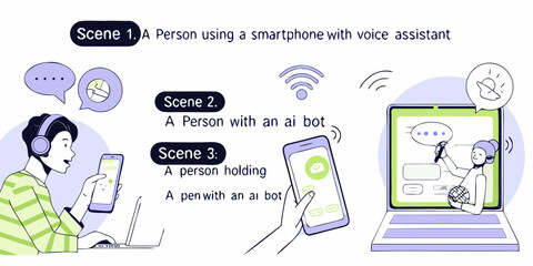 Illustrations of people interacting with ai and technology