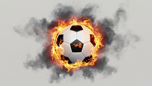 Realistic soccer ball surrounded by fiery explosion on white background, symbolizing dynamic energy, passion for football, dramatic sports action, and competitive intensity in modern digital artwork.
