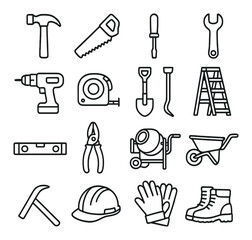 Obraz premium Construction linear icon set: tools, hammer, saw, screwdriver, wrench, drill, tape measure, shovel, ladder