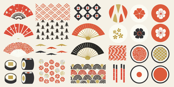 Japanese inspired patterns and motifs featuring fans flowers and sushi