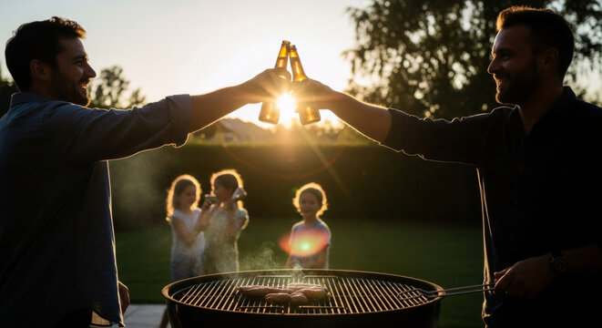 Two men clinking beer bottles by grill in sunny backyard with children running in background, banner template for summer barbecue beer promotion and outdoor lifestyle advertising with copyspace.
 - Powered by Adobe