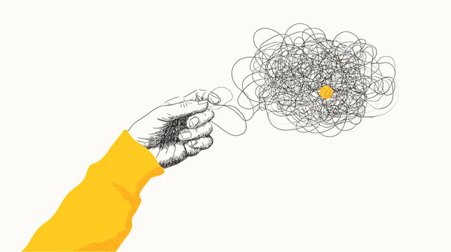 A hand pulling out the tangle of strings and threads that symbolize complex inner thoughts