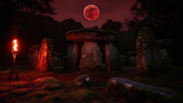 Mystical Ancient Stone Circle under a Vibrant Blood Moon and Fiery Torchlight in a Dark Forest Setting  Evoking Mystery and Ritual