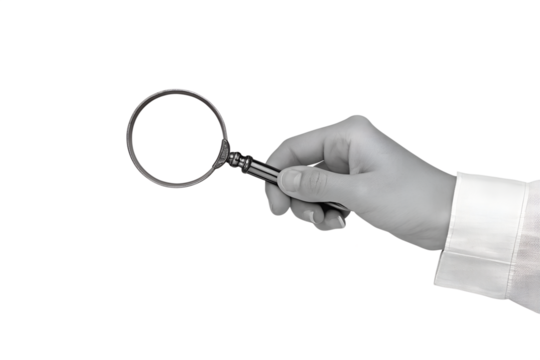 Black and white hand in a white shirt holds a magnifying glass isolated on transparent background - element for collage