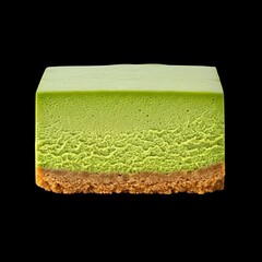 Delicious matcha cheesecake slice with crumbly crust on black for tempting dessert advertisements
