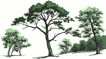 Stylized Illustration of Various Green Trees and Foliage.