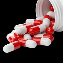 Red and white capsules spilling from prescription bottle offer hope for healing and wellness