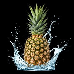 Tropical pineapple bursts with refreshing flavor in a splash of cool water on a black background