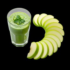 Refreshing green smoothie for healthy living served with fresh apple slices on a sleek black background