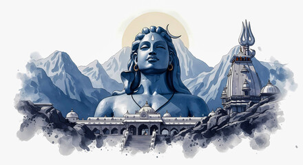 Lord Shiva Temple in the Himalayas, Divine Hindu Art with Majestic Mountain Scenery Landscape Watercolor Illustration Painting Wallpaper