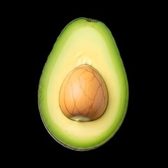 Fresh avocado half showcases vibrant green flesh and seed against stark black background, inviting healthy eating