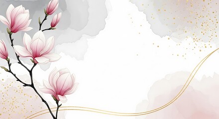 Pink Magnolia Blossoms with Gold Accents and Watercolor Wash Background flower white