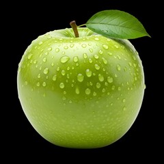 Crisp green apple glistens with refreshing droplets against a sleek black backdrop, a vibrant healthy snack