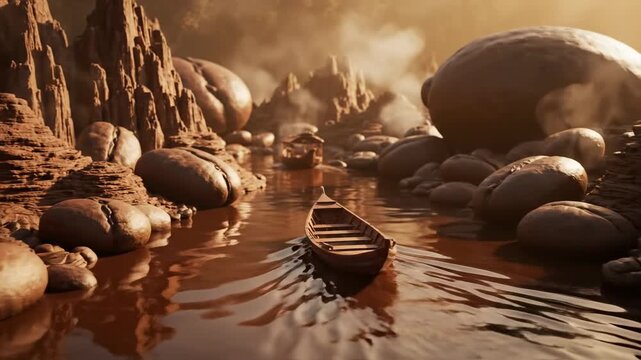 Boat floats on chocolate river among bean mountains