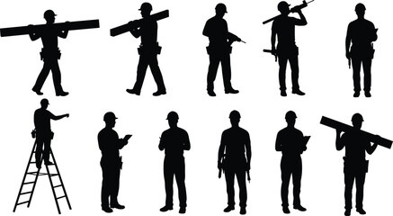 Silhouette set of construction workers with tools, hard hats, ladders, and materials, black vector illustrations for labor and industry design