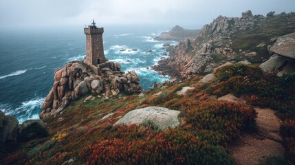Lighthouse on Rocky Coastline